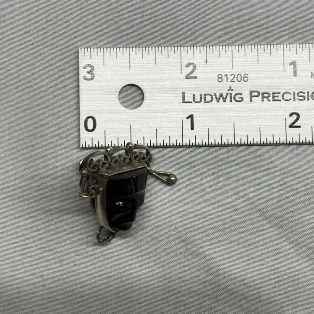 Vintage Mexico Sterling Silver Black Onyx Carved Mask Brooch and Earring Set MCM